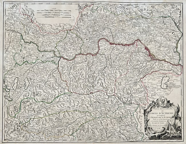 Gilles Robert de Vaugondy (1688–1766) – Map of the Northern Part of the Circle of Austria: "Partie Septentrionale du Cercle d'Autriche qui comprend l'Archiduche d'Autriche divisé en ses huit Quartiers et la haute partie du Duche de Stirie." This hand-coloured engraving presents a detailed