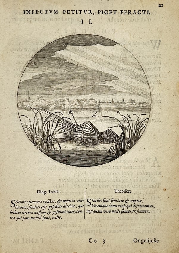 Jacob Cats (1577-1660) – The Fish Trap – Engraving (1618): "Infectum Petitur, Piget Peracti." This circular engraving depicts a wicker fish trap, or lobster pot, submerged at the edge of a body of water amidst reeds. In the background, a sprawling village and