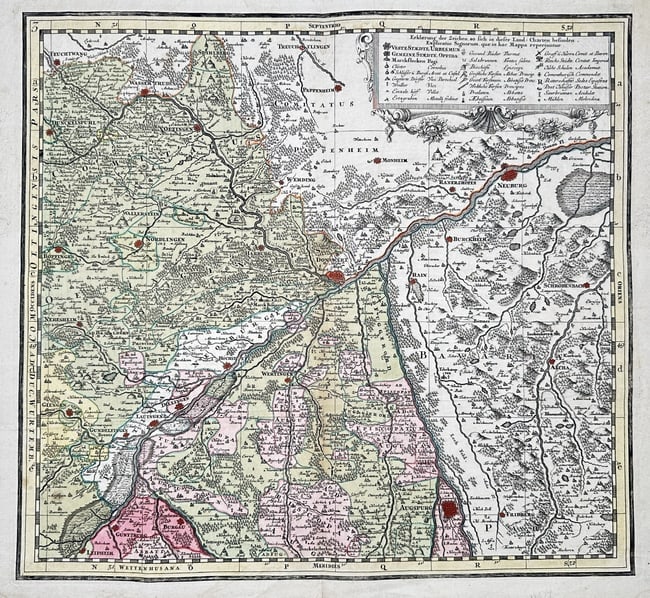 Johann Baptist Homann (1664–1724) – Map of the Danube River Course from Neuburg to Regensburg: "Prostrior Pars Danubii a Neoburgo usque ad Ratisbonam." This hand-coloured engraving presents a detailed hydrographical and topographical survey of a significant section of the Danube River in Bavari