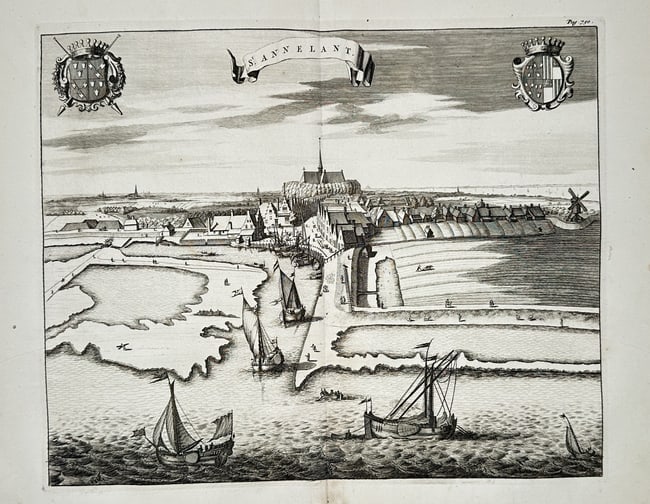 Mattheus Smallegange (1624-1710) – Map of Sint Annaland – Zeeland – Engraving (1696): "S' Annelant." This topographical engraving provides a detailed coastal view of the village and harbor of Sint Annaland on the island of Tholen. The composition features the village church at the cent
