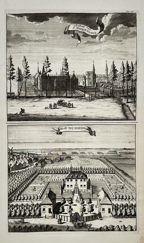 Mattheus Smallegange (1624-1710) – View of Kasteel van St. Maertens-Dyk and Slot tot Scavenisse: "t Kasteel van St. Maertens-Dyk" and "Slot tot Scavenisse." This print consists of two topographical views of noble estates in the province of Zeeland. The upper engraving depicts the Castle of Maarte