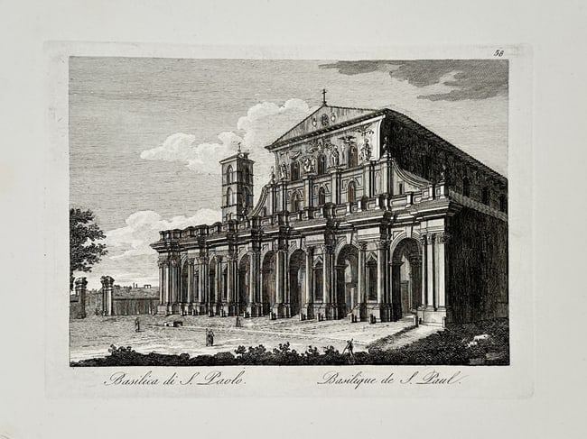 Pietro Parboni (c. 1814–1884) – View of the Basilica of Saint Paul Outside the Walls – Etching: The composition captures the juxtaposition of ancient Roman architecture with later medieval structures, populated by small figures in period dress to provide scalePietro Parboni (c. 1814–1884) was