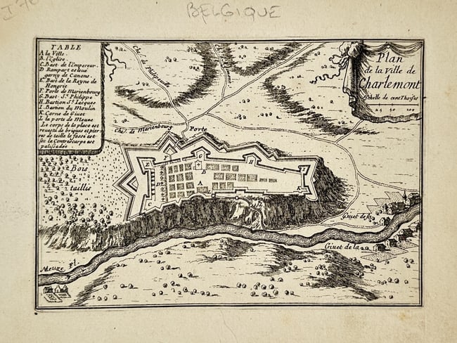 Sébastien de Beaulieu (1612–1674) – Map of the City of Charlemont – Engraving (1667): "Plan de la ville de Charlemont." This engraving presents a detailed bird's-eye view and architectural plan of the fortress of Charlemont and the adjacent town of Givet. The composition highlights the