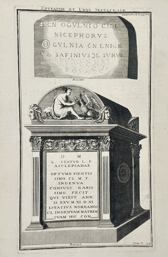 Bernard De Montfaucon (1655-1741) – Roman Epitaph and Funerary Urn – Engraving (1719) (1 of 2)