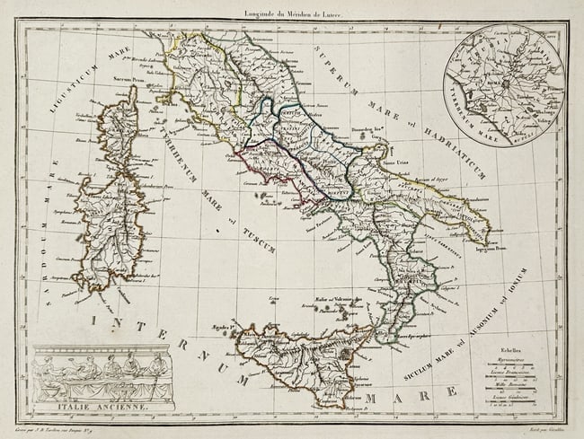 Conrad Malte-Brun (1775-1826) – Map of Ancient Italy – Italy – Engraving (Hand-coloured): "Italie Ancienne" This hand-coloured engraving presents a detailed map of the Italian peninsula, Sicily, Sardinia, and Corsica as they appeared during antiquity. The map delineates the various regions