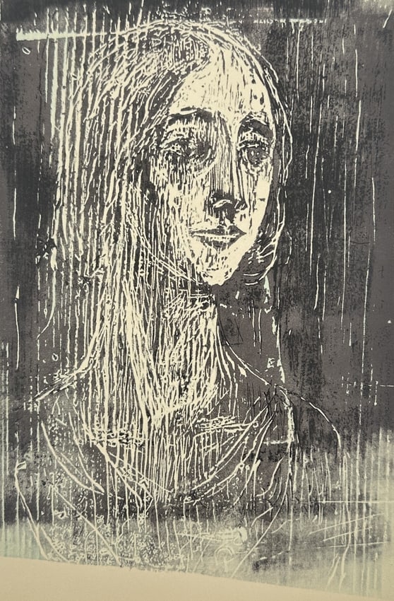 Edvard Munch (1863-1944), after – Portrait of a Young Woman – Offset print (20th Century): "Young Woman" This offset print features a haunting, expressive portrait of a young woman rendered with the characteristic emotional intensity of the artist's style. The subject is depicted in a three