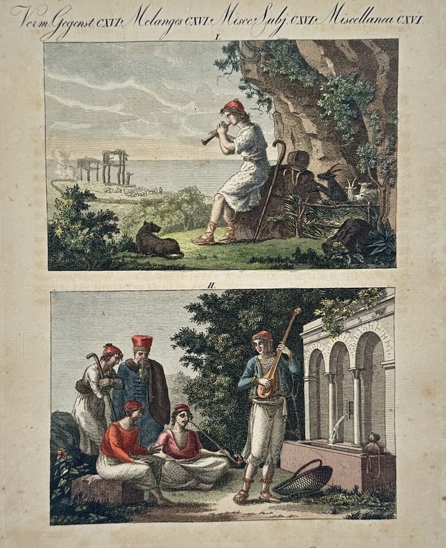 Friedrich Justin Bertuch (1747-1822) – Costumes and Customs of Modern Greece: "Melanges" This hand-coloured etching illustrates the traditional dress and daily activities of Greek inhabitants in the late eighteenth century. The upper register depicts a shepherd in a classical l