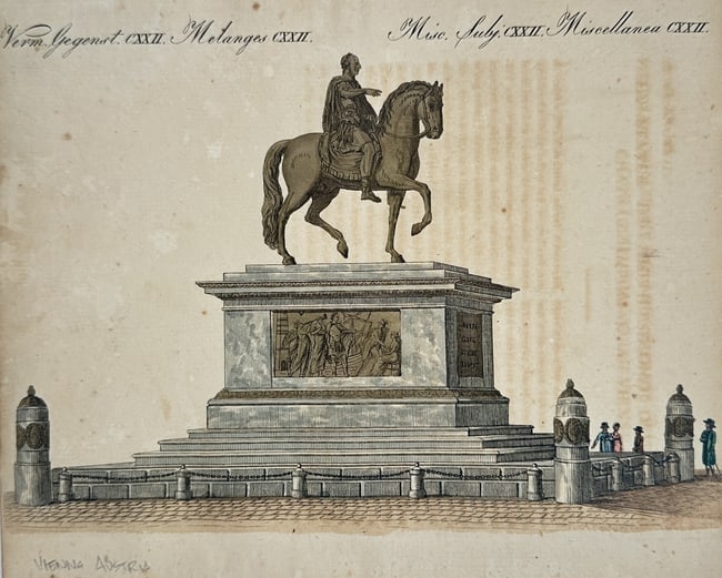 Friedrich Justin Bertuch (1747-1822) – Equestrian Statue of Joseph II – Austria: "Melanges" This hand-coloured etching illustrates the grand equestrian monument dedicated to Holy Roman Emperor Joseph II, located in Josefsplatz, Vienna. The central figure depicts the emperor in cla