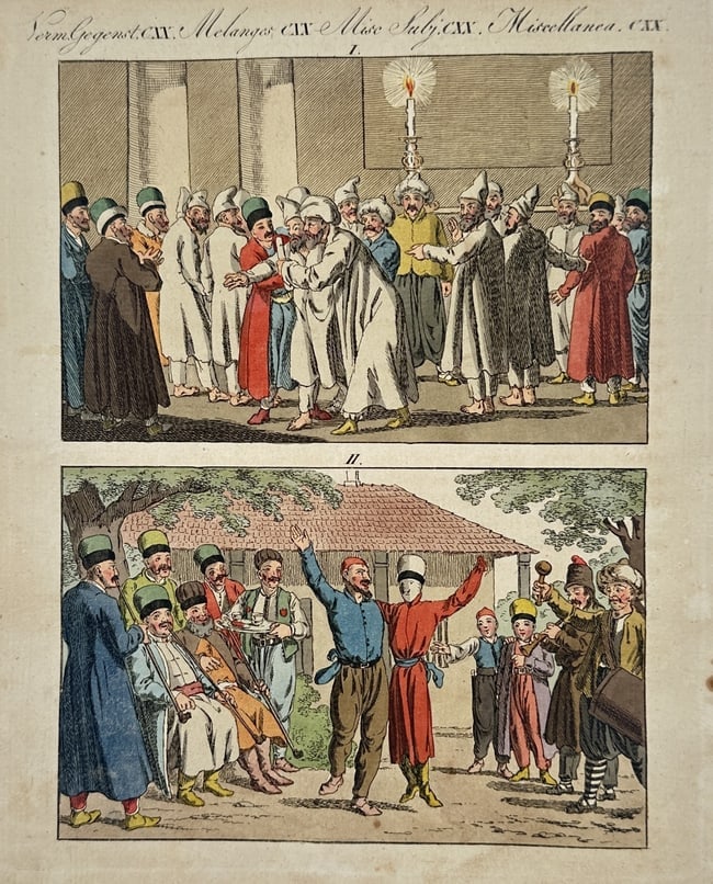 Friedrich Justin Bertuch (1747-1822) – Religious and Festive Customs of the Crimea: "Melanges" This hand-coloured etching illustrates two distinct scenes of social and religious life in the Crimea during the late eighteenth century. The upper register depicts a formal gathering of me