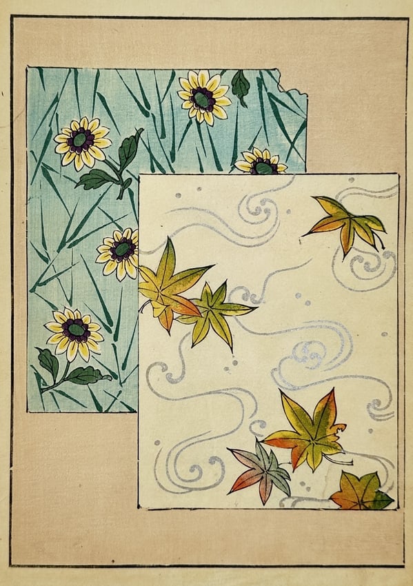 Japanese School (20th Century) – Pattern with Maple Leaves and Flowers – Woodcut: This woodcut features two overlapping decorative panels showcasing seasonal botanical motifs. The upper panel depicts colorful maple leaves in shades of orange, yellow, and green floating amidst styli