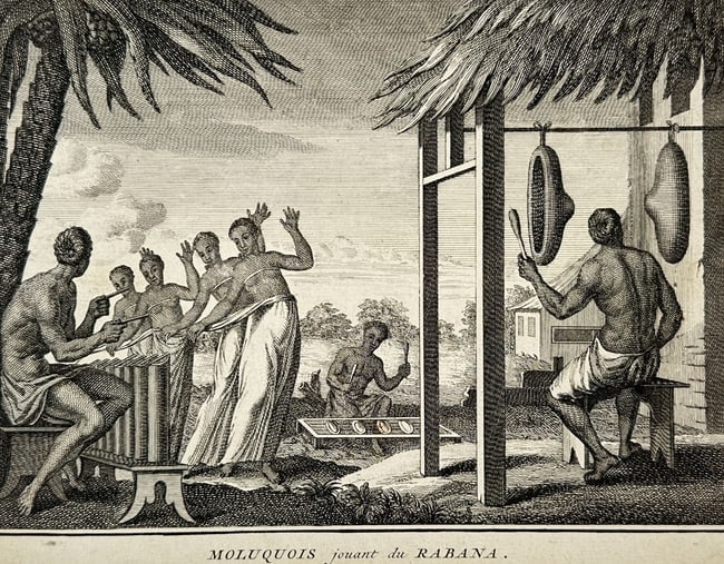 Bernard Picart (1673–1733) – Scene from the Moluccas – Engraving (1723–1743): "Moluquois jouant du Rabana" is an engraving featuring a cultural scene from the Moluccas, depicting several figures engaged in musical performance and dance near a thatched structure. The composition