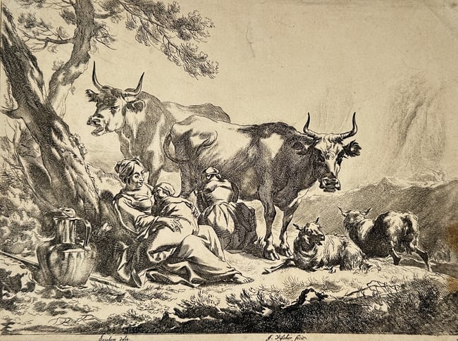 Jan de Visscher (1636–1692) – Pastoral Scene with Figures and Livestock – Etching (1 of 2)