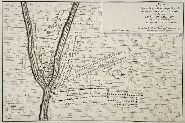 Georges-Louis Le Rouge (1712–1790) – Map of the Battle of Cuneo – Engraved Map (1744) (1 of 2)