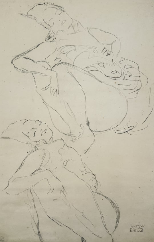 Gustav Klimt (1862-1918) – Reclining Nude – Lithograph (20th century): "Reclining Nude" This lithograph features a delicate study of a female figure in two expressive, reclining poses. The composition is rendered with fluid, sketchy lines that capture the subtle contours