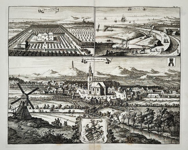 Jan Luyken (1649-1712) – View of Burg – Etching (1685): "Heerlykhyt van Burg" This etching features a multi-paneled topographical study of the Burg estate and its surrounding landscape. The large lower register presents a panoramic view of the village, dom