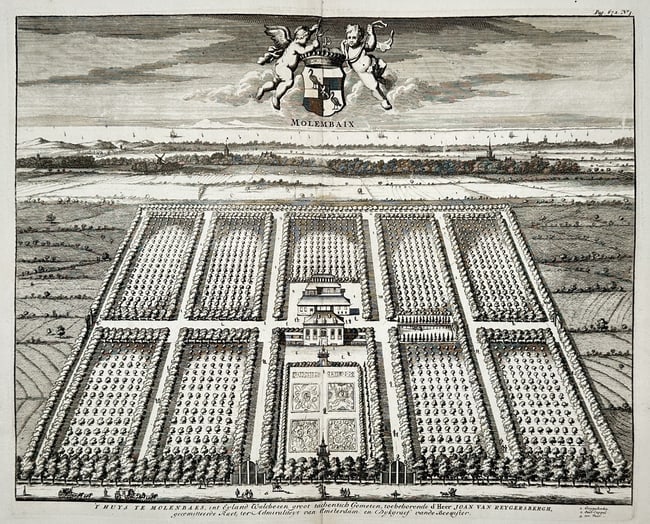 Jan Luyken (1649-1712) – View of Molembaix – Etching (Hand-coloured) (1685): "Molembaix" This hand-coloured etching presents a bird's-eye topographical view of the Molembaix estate. The central manor house is depicted within a vast, symmetrically organized garden and orchard c