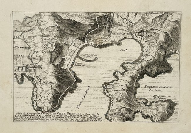 Nicolas de Fer (1450-1720) – Map of Villefranche-sur-Mer – France – Engraving (1691): "Veüe du Port et des Environs de Ville Franche" This engraving presents a detailed topographical map and bird's-eye view of the harbor and surroundings of Villefranche-sur-Mer on the Mediterranean co