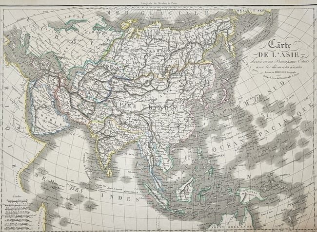 Eustache Hérisson (1759–1816) – Map of Asia – Asia – Engraving (1813): "Carte de l'Asie divisée en ses Principaux Etats dressée sur les découvertes récentes" This engraved map presents a comprehensive view of the Asian continent, highlighting its major political divi