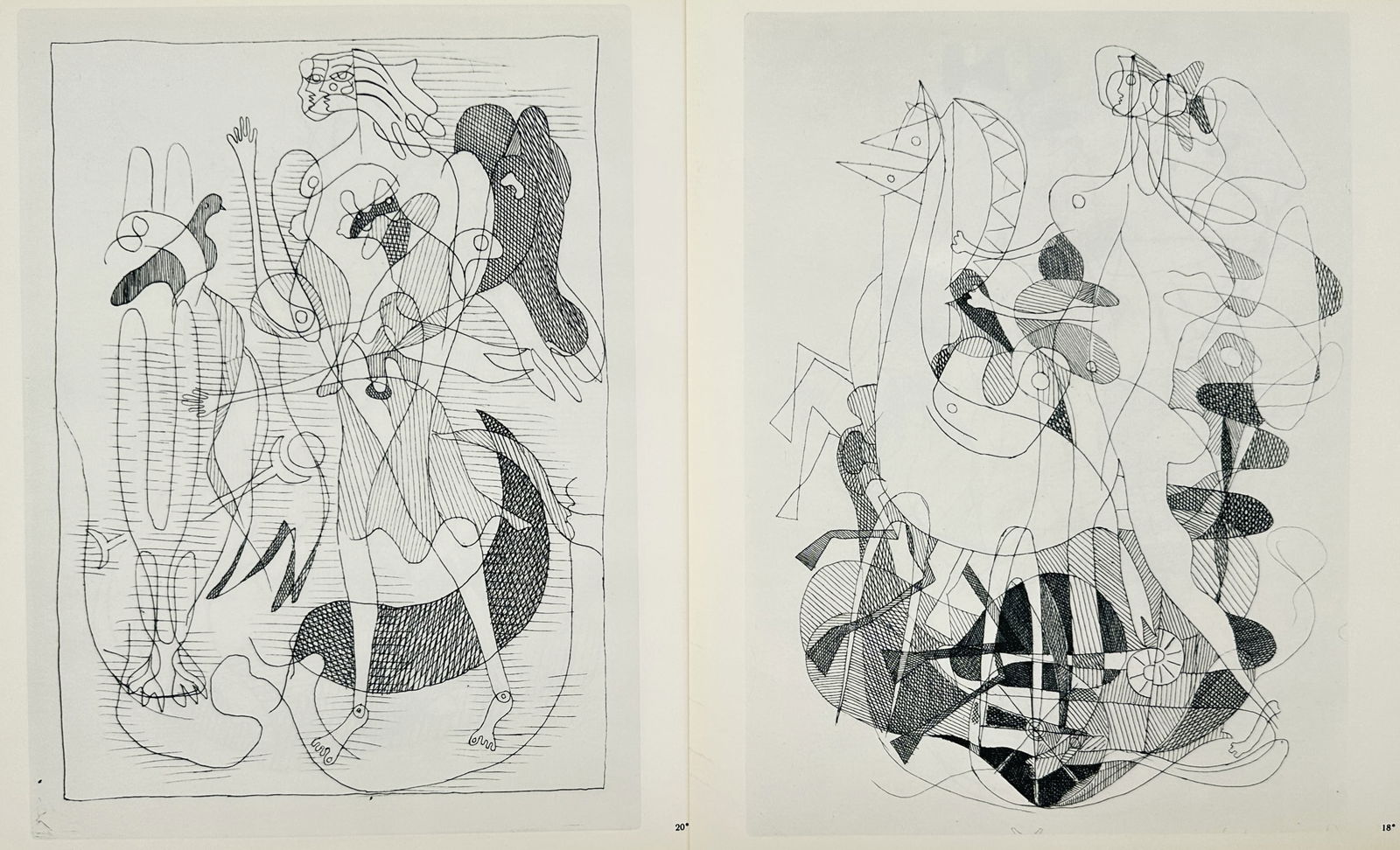 Georges Braque – Set of 2: Studies of Mythological Figures and Birds – Offset print (20th: "Studies of Mythological Figures and Birds" features two monochrome plates illustrating the artist's exploration of linear abstraction and Greek iconography. The first plate depicts a standing female