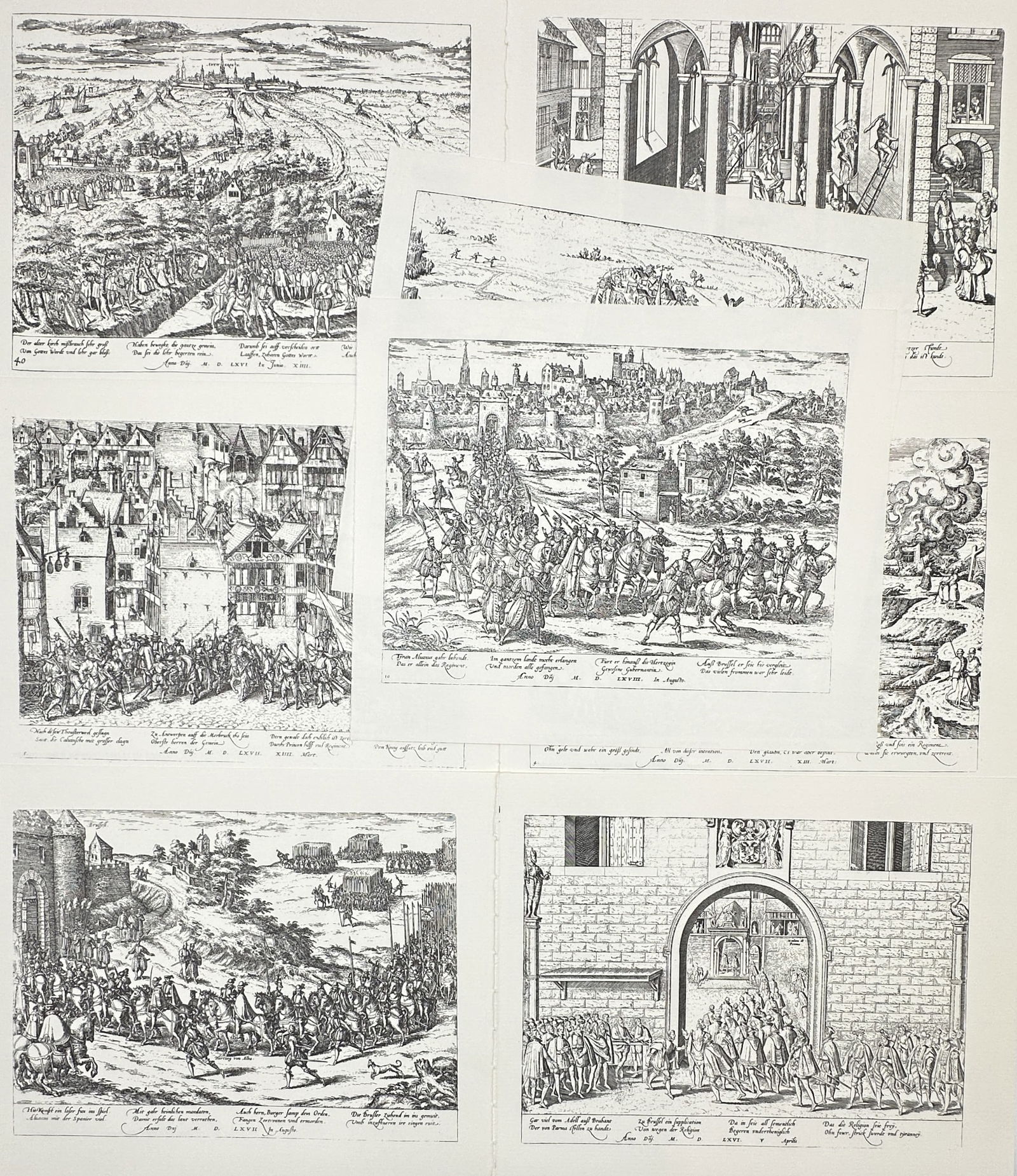 Frans Hogenberg – Set of 8: Historical Scenes of the Dutch Revolt and European Conflict: "Historical Scenes of the Dutch Revolt and European Conflict" features eight monochrome plates after the 16th-century engravings of the Eighty Years' War and the French Wars of Religion. The collectio