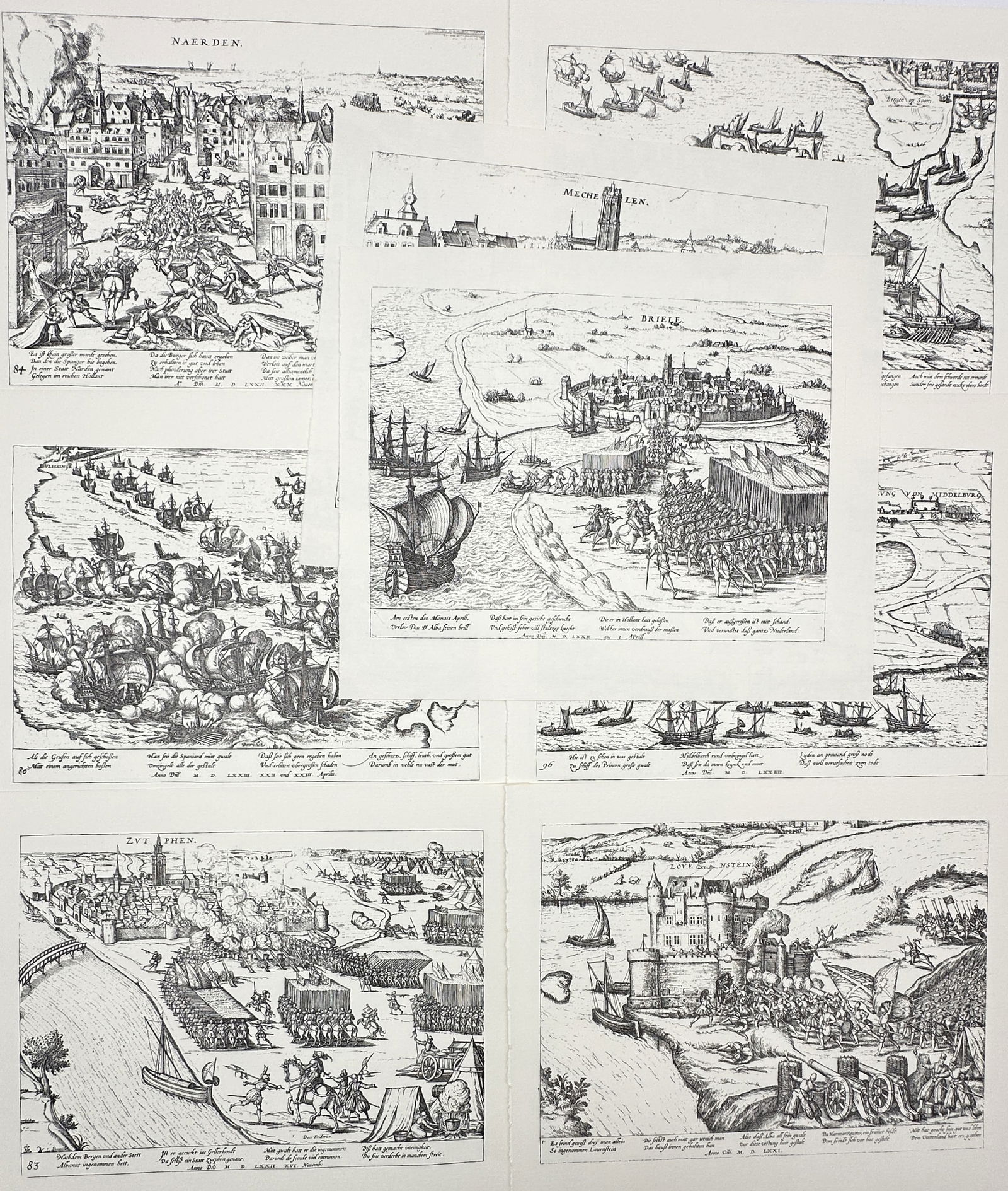 Frans Hogenberg – Set of 8: Cartographic Views of Naval Battles and Besieged Cities: "Historical Scenes of the Dutch Revolt" features eight monochrome plates after the 16th-century engravings documenting the Eighty Years' War. The set includes detailed views of the capture of Brielle,