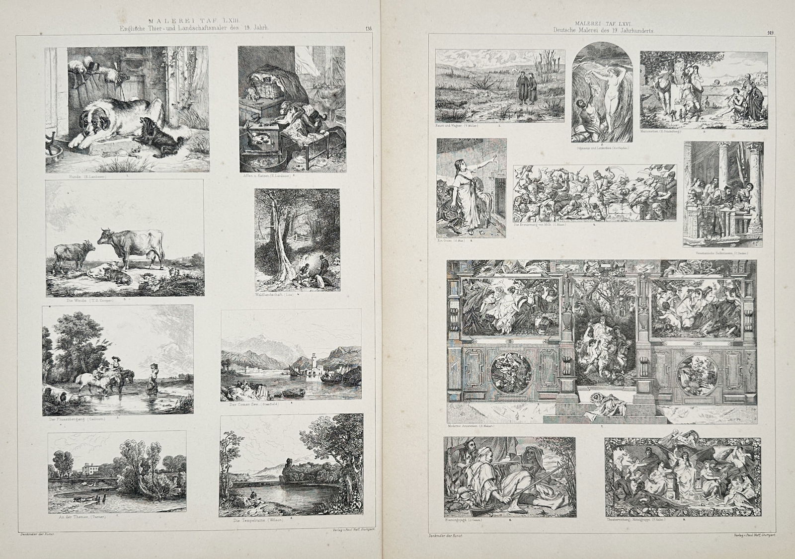 Paul Neff – Set of 2: Studies of 18th and 19th Century Painting – Lithograph (Mid-19th Century): "Malerei: Englische Thier- und Landschaftsmaler des 18. Jahrh." and "Deutsche Malerei des 19. Jahrhunderts" comprise two comprehensive plates documenting the evolution of European pictorial art. The f