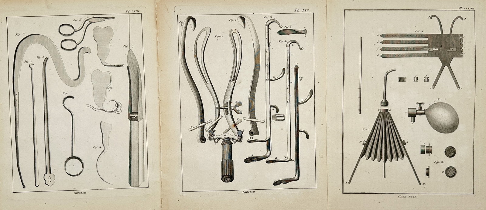 Robert Benard – Set of 3: Studies of 18th-Century Surgical and Obstetric Instruments: "Chirurgie" features three technical plates detailing the specialized medical equipment used during the Enlightenment. The set includes a collection of surgical hooks, scissors, and a large lancet; a 