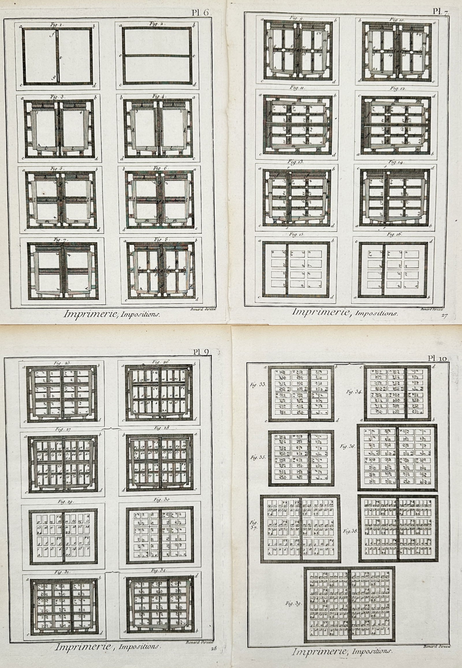 Robert Benard – Set of 4: Technical Studies of Printing Impositions – Hand-coloured engraving (1 of 2)