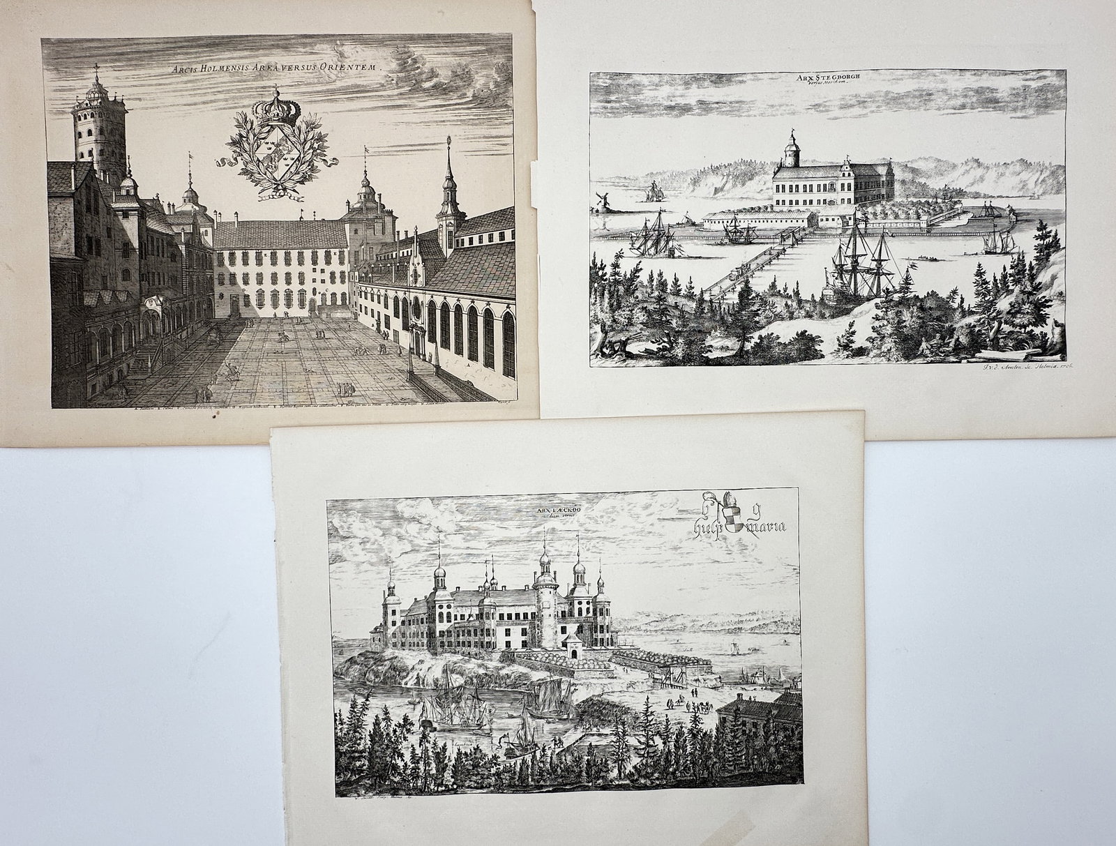 Erik Dahlbergh – Set of 3: Views of Swedish Royal Castles and Estates – Engraving (1716): "Suecia Antiqua et Hodierna" features three architectural views of prominent Swedish estates, including the Stockholm Palace and Stegeborg Castle. These topographical studies were published in Stockho