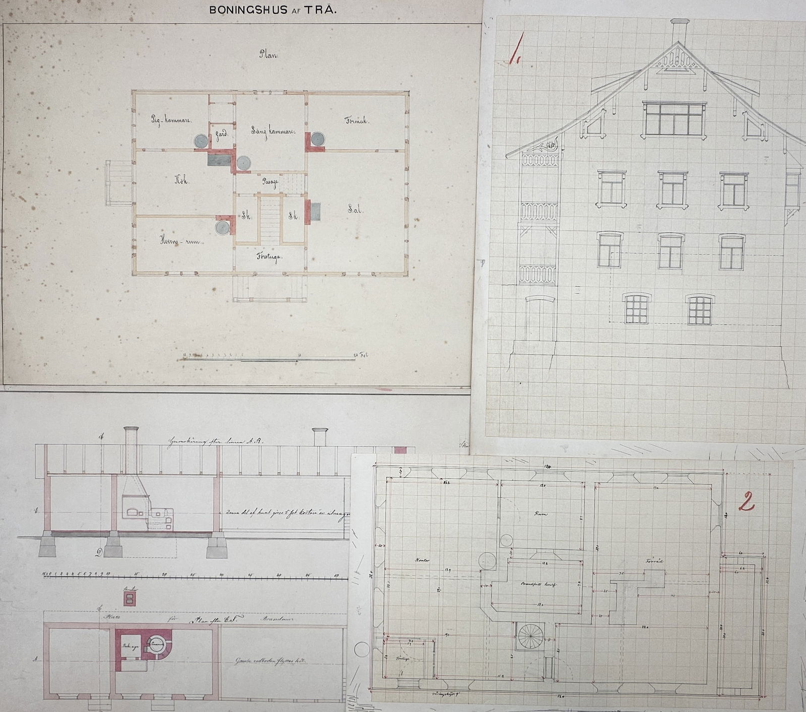Gustaf Edvard Bäckman – Set of 4: Architectural Plans and Elevations for a Wooden Residence: "Boningshus af Trä" features four architectural drawings detailing elevations, cross-sections, and floor plans for a wooden residential building, with masonry elements highlighted in red. These pract