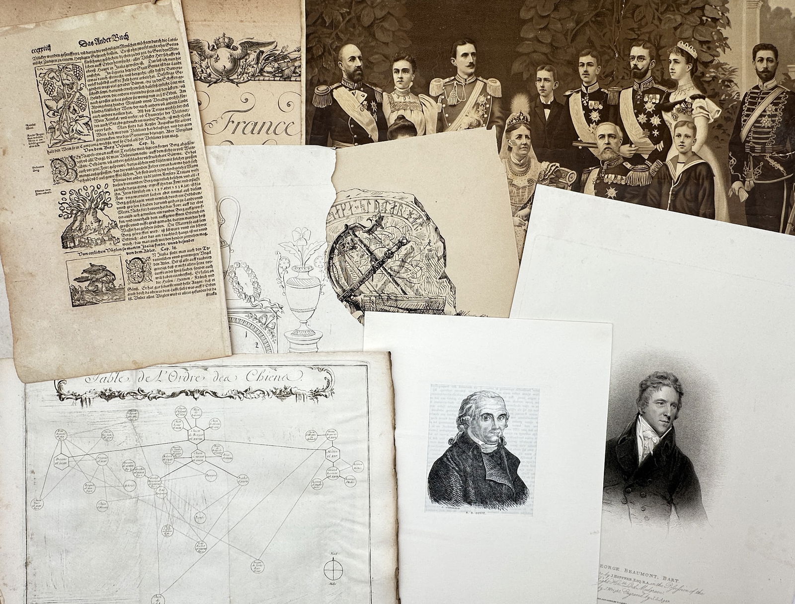 Unknown Artist – Set of 9: Diverse Collection of Graphic Arts and Documents – Engraving (1 of 2)