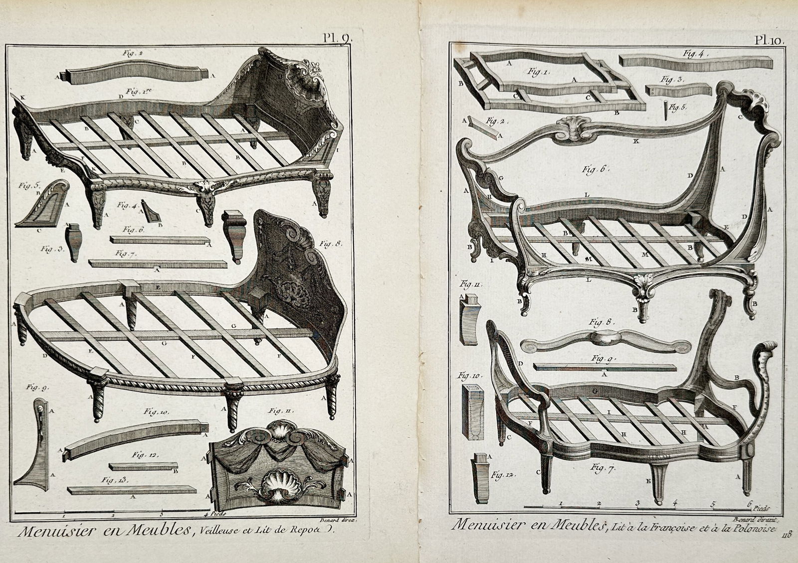 Robert Benard – Set of 2: Furniture Maker Bed Designs – Engraving (Late 18th Century): "Menuisier en Meubles". Features detailed structural and decorative designs for elaborate eighteenth-century French beds, demonstrating the wooden framework, assembly components, and carved headboards
