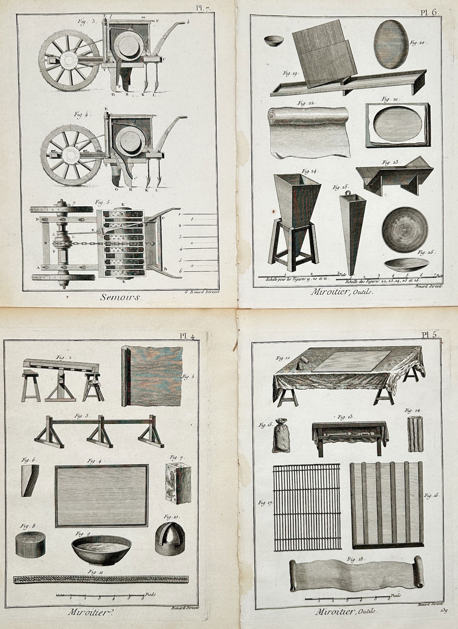 Robert Benard – Set of 4: Mirror Making Tools and Agricultural Machinery – Hand-coloured: "Semoirs" and "Miroitier, Outils". Features technical diagrams illustrating the mechanical components of a seed drill alongside various specialized tools, materials, and workbenches used in eighteenth