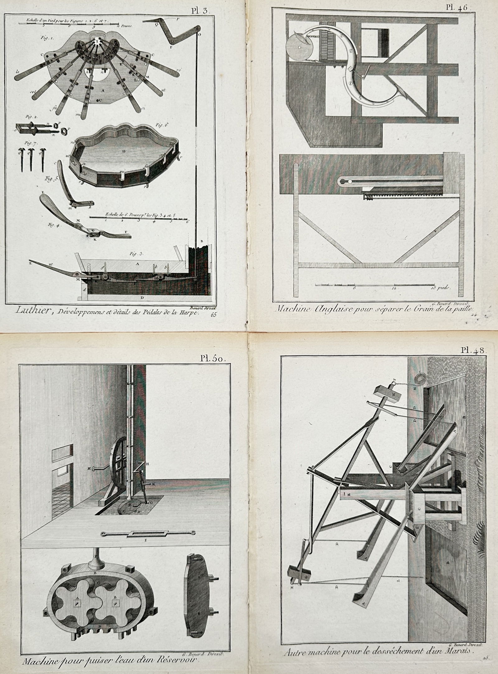 Robert Benard – Set of 4: Mechanical Engineering and Harp Pedals – Engraving (Late 18th Century): "Luthier, Developpements et details des Pedales de la Harpe" and "Machine pour puiser l'eau". Features technical diagrams illustrating the complex mechanical assembly of eighteenth-century harp pedals