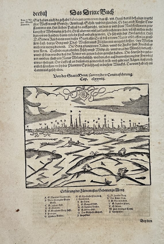 Sebastian Münster (1488–1552) – Map of Vienna: Beautiful Towers and Buildings: This leaf is from "Das Dritte Buch" (The Third Book) of a 16th-century edition of the Cosmographia. It features a large woodcut illustration that provides a panoramic, bird's-eye view of the city of V