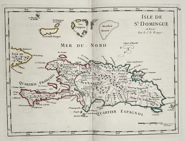 Georges-Louis Le Rouge (c. 1707–c. 1790) – Map of the Island of St. Domingue - Engraving: This topographical map depicts the island of St. Domingue (Hispaniola), showing its division into the French-controlled "Quartier Francois" and the Spanish-controlled "Quartier Espagnol."Georges-Louis