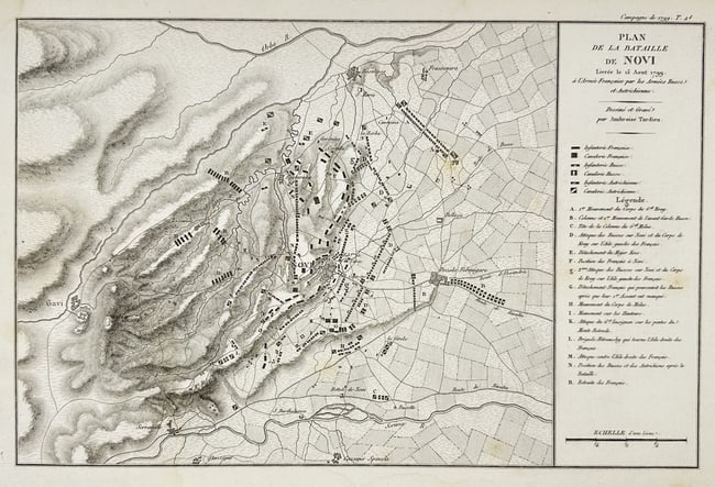 Ambroise Tardieu (1788–1841) – Map of Italy - Plan of the Battle of Novi 1799 - engraving: This engraved battle map by Ambroise Tardieu illustrates the strategic movements during the Battle of Novi, fought on 15 August 1799 between French Republican forces and Austro-Russian troops during t
