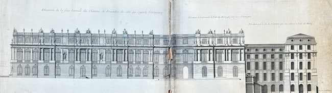 Jules Hardouin-Mansart – Side Elevation of the Palace of Versailles facing the: "Elevation de la face laterale du Chateau de Versailles du cote qui regarde l'Orangerie" presents a highly detailed architectural study of the lateral facade of the Palace of Versailles as it appeared