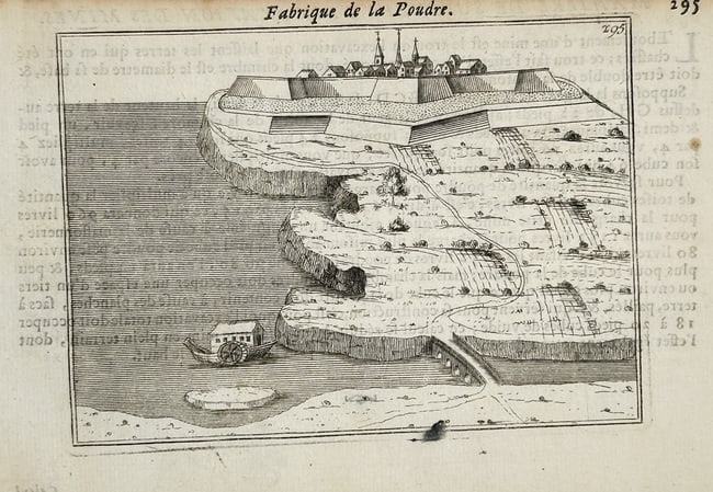 Desprez de Saint-Savin (fl. 1735), after – Illustration of a Fortified Gunpowder: This copperplate engraving illustrates the Fabrique de la Poudre (Gunpowder Factory), showing a secure, fortified structure situated strategically on a cliff overlooking the water. The design highligh