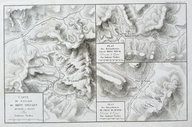 Ambroise Tardieu (1788–1841) – Map of Italy - the Passage of Mount Splügen: This detailed engraving, titled "CARTE DU PASSAGE DU MONT SPLUGEN" (Map of the Passage of Mount Splügen), was designed and engraved by Ambroise Tardieu. Published in 1826 as part of a military campai