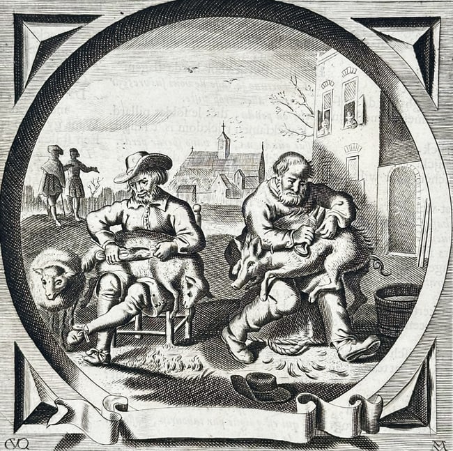 Jacob Cats (1577–1660) – Allegory of the Sheep and the Pig – Etching (1658): "Veel geschreeuws en luttel wol" depicts a rural scene within an oval medallion where two men are engaged in shearing animals. On the left, a man shears a sheep that rests quietly, while on the right,