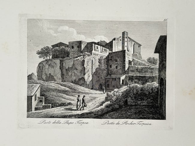 Giovanni Domenico Cassini (1740–1833) – View of the Tarpeian Rock – Italy: "Parte della Rupe Tarpea" depicts the historic Tarpeian Rock on the southern summit of the Capitoline Hill in Rome. The composition features the sheer, craggy cliff face topped with residential buildi
