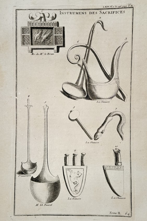 Bernard de Montfaucon (1655–1741) – Illustrations of Ancient Sacrificial Instrum: "Instrumens des Sacrifices" illustrates various liturgical tools and vessels used in classical sacrificial rituals. The composition features ten distinct objects, including long-handled ladles for pou