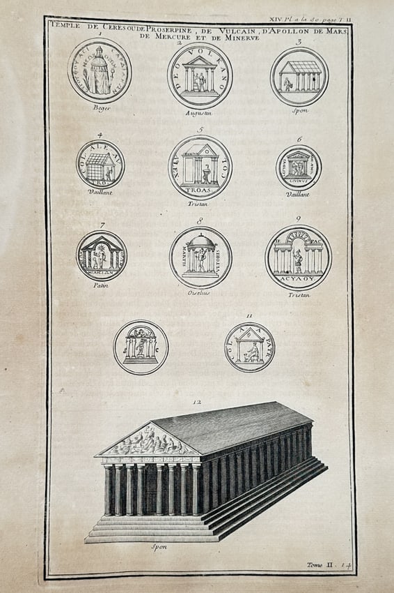 Bernard de Montfaucon (1655–1741) – Illustrations of Ancient Temples - Engraving: "Temple de Ceres ou de Proserpine, de Vulcain, d'Apollon de Mars de Mercure et de Minerve" illustrates various architectural representations of classical temples as depicted on ancient Roman coins and