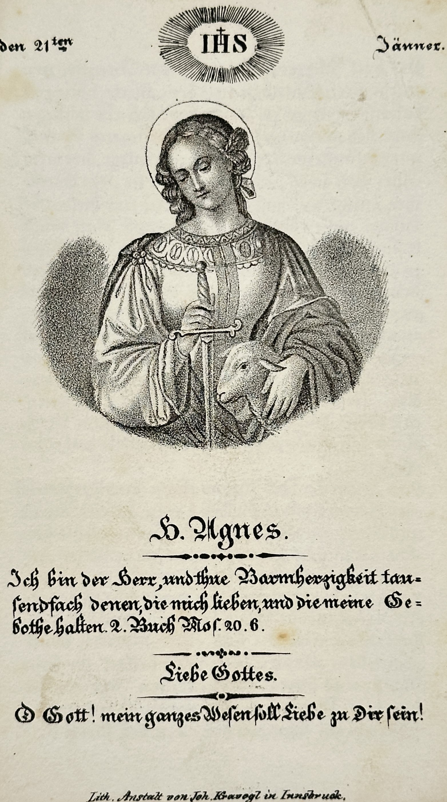 Johann Kravogl (1823–1889) – Portrait of Saint Agnes – Lithograph (19th Century): "S. Agnes" illustrates the virgin martyr Saint Agnes of Rome, featuring her traditional iconographic attributes including a lamb cradled in her arm and a sword held to her chest. The composition is cr