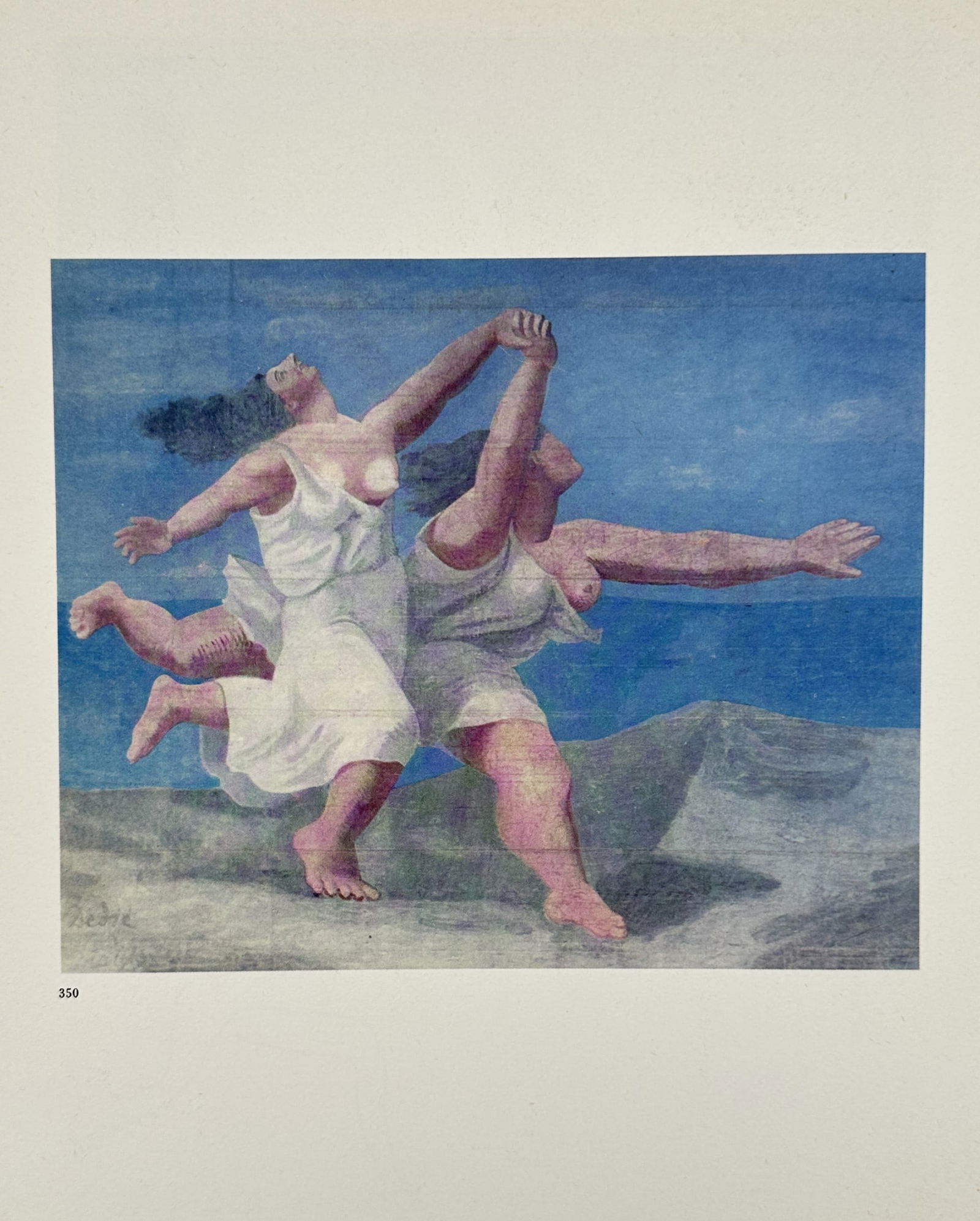 Pablo Picasso (1881–1973), after – Two Women Running on the Beach – Offset print (20th: "Two Women Running on the Beach (The Race)" illustrates a neoclassical composition featuring two monumental, ecstatic figures sprinting across a coastal landscape under a deep blue sky. The work refle
