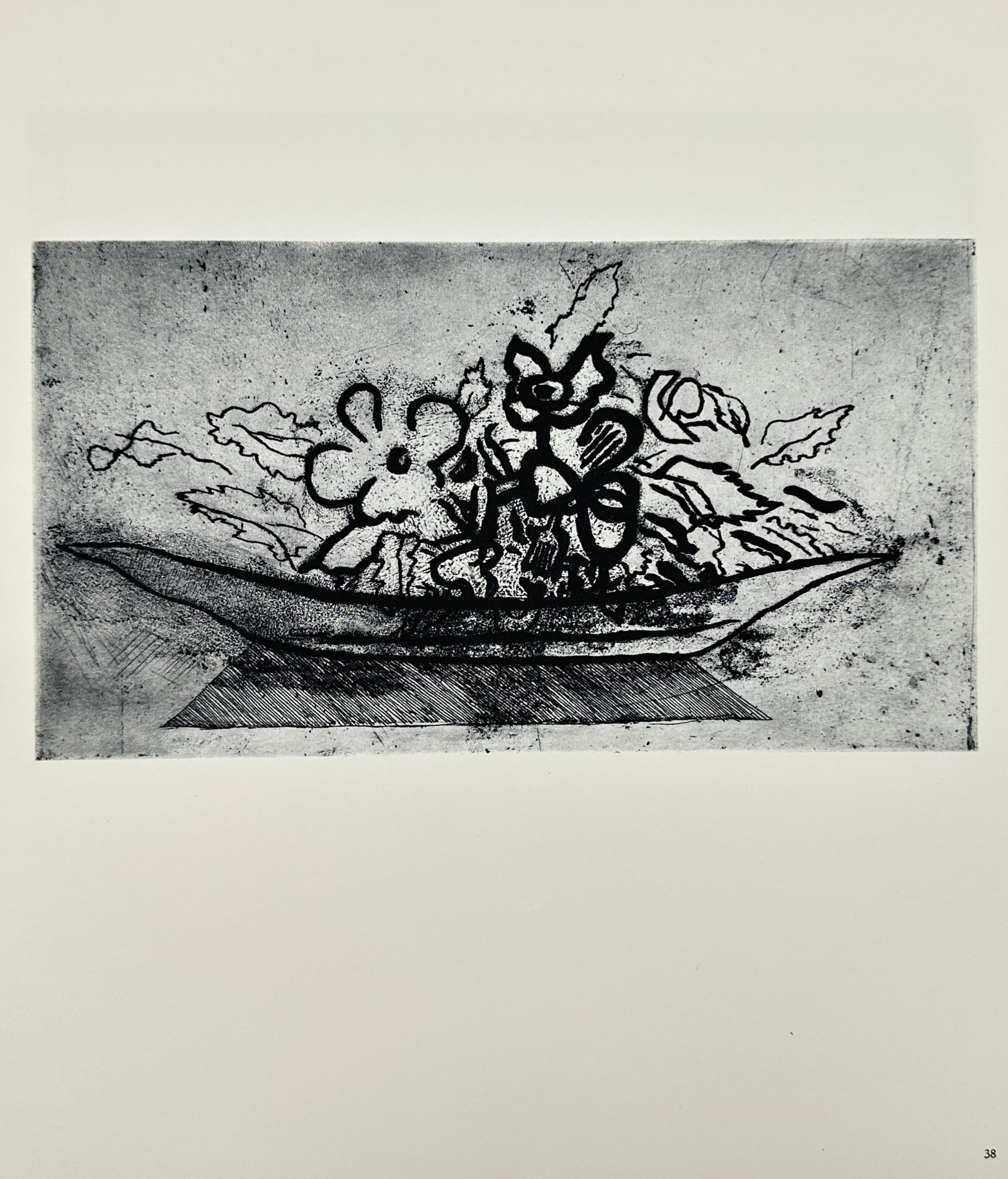 Georges Braque, after – Corbeille de fleurs (Basket of Flowers) – Offset print (20th Century): "Corbeille de fleurs" illustrates an expressive, textured still life of a shallow basket overflowing with floral forms. The work features a contrast between bold, heavy black ink strokes used for the