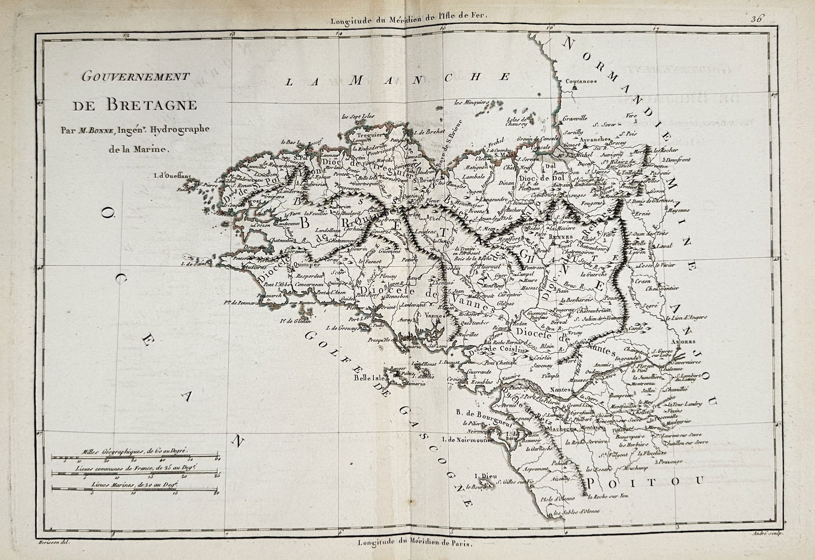 Rigobert Bonne (1727–1794) – Gouvernement de Bretagne – Copper Engraving (c. 1771–1783): "Gouvernement de Bretagne" illustrates the historical province of Brittany in meticulous detail, showcasing its rugged coastline, major river systems, and administrative dioceses such as Rennes, Nante