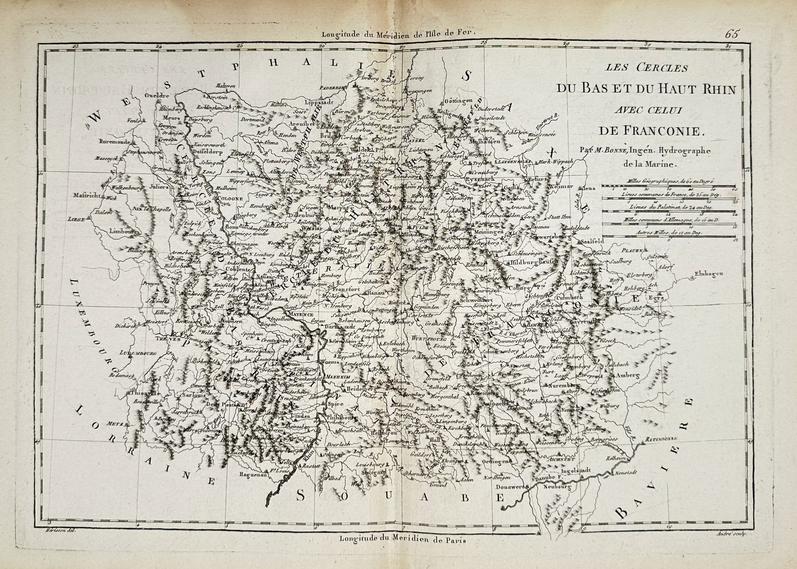 Rigobert Bonne – Map of the Circles of the Lower and Upper Rhine with Franconia – Germany: "Les Cercles du Bas et du Haut Rhin avec celui de Franconie" illustrates the complex administrative divisions of the Holy Roman Empire during the late eighteenth century. The work meticulously details