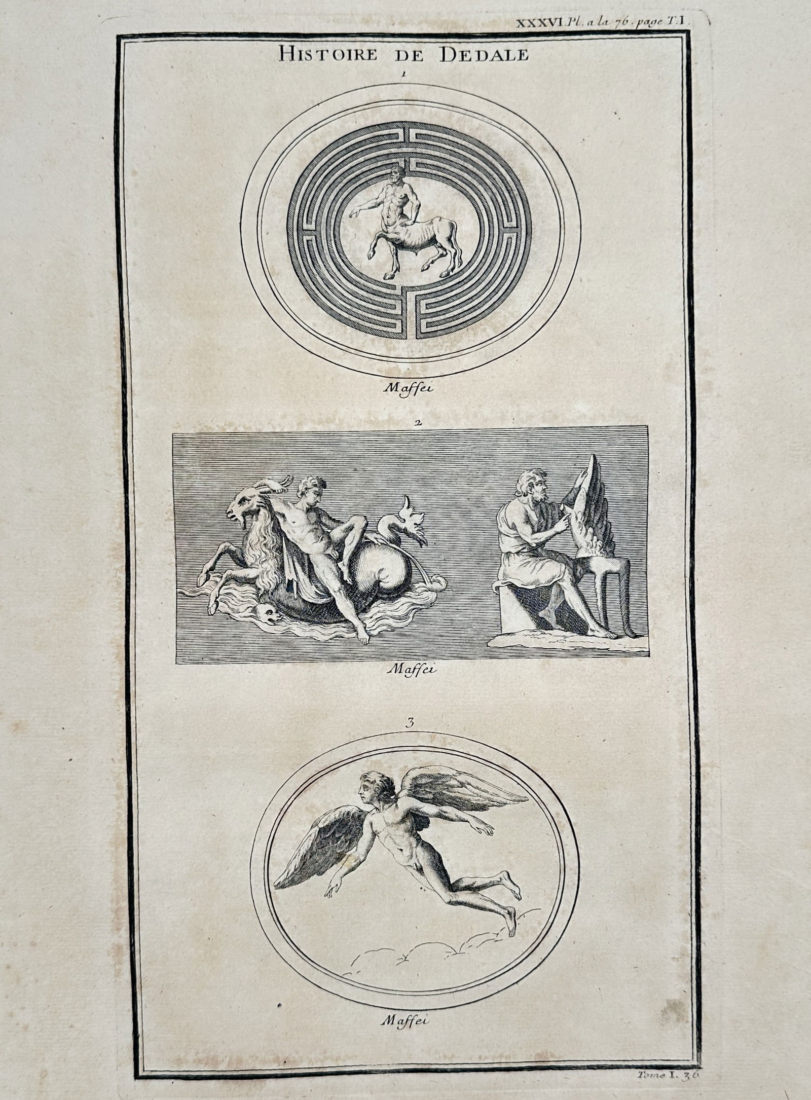 Bernard de Montfaucon (1655–1741) – The Story of Daedalus – Copper Engraving (1719–1724): "Histoire de Dedale" illustrates three distinct scenes from the mythological life of Daedalus, featuring the Minotaur within the Cretan Labyrinth, Daedalus constructing wings, and Icarus in flight. Th